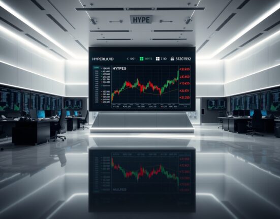 Digital trading screens showing Hyperliquid (HYPE) price charts and financial data in a modern newsroom setting.
