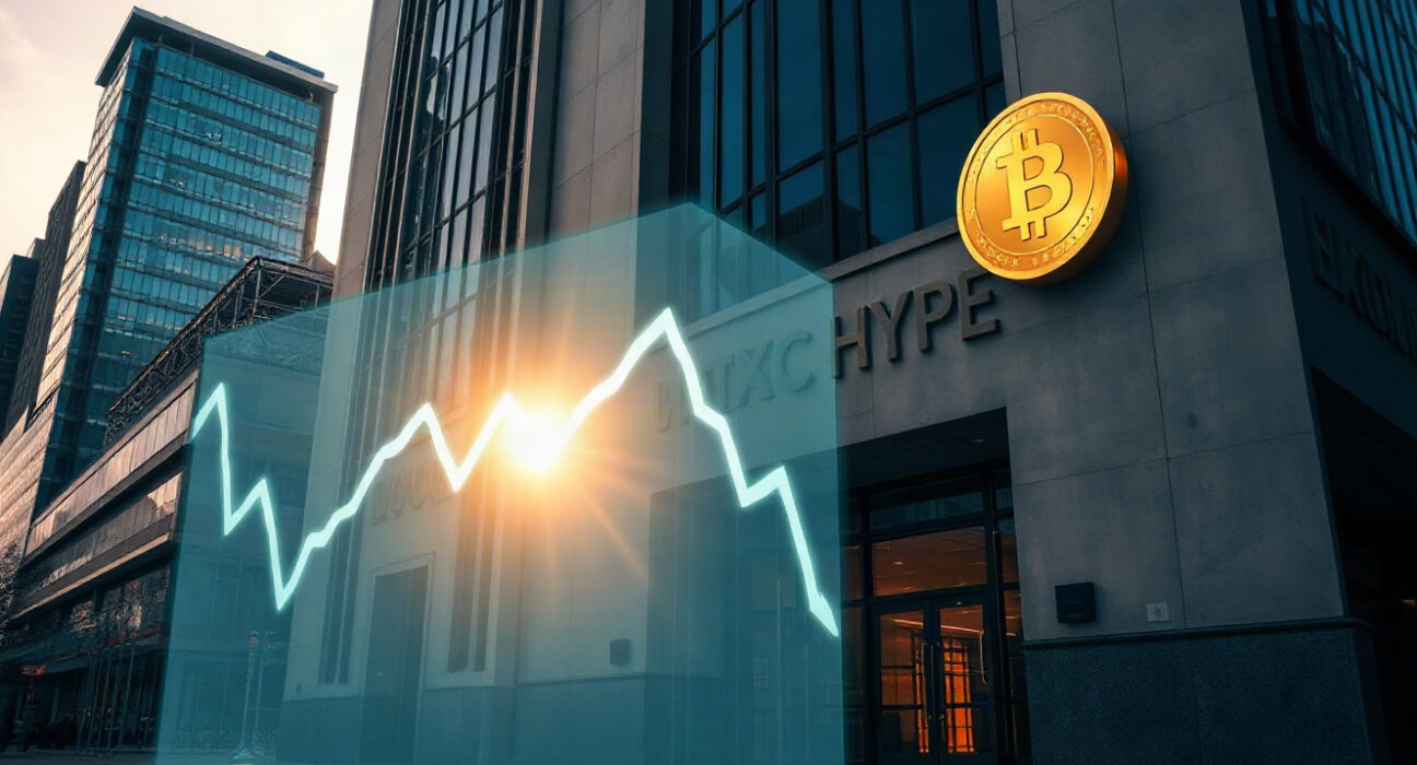 Modern cryptocurrency exchange building with a digital price chart overlay, representing large HYPE transfer.