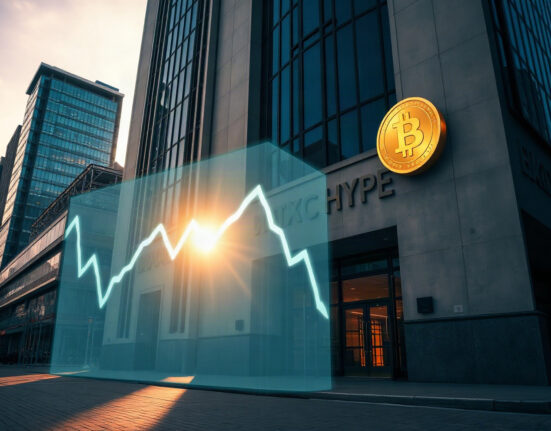 Modern cryptocurrency exchange building with a digital price chart overlay, representing large HYPE transfer.
