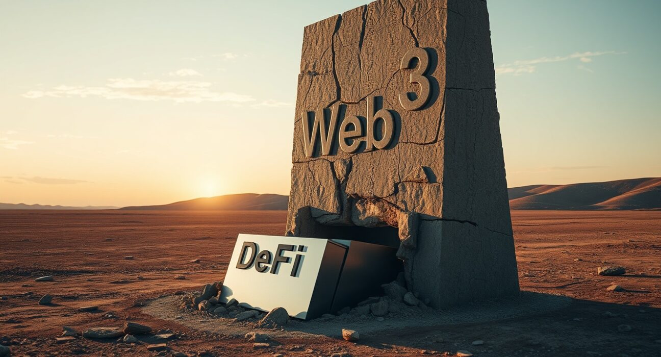 Crumbling Web3 monument revealing DeFi and DePIN structures in a desert landscape at sunset.