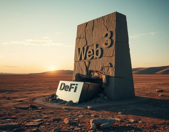 Crumbling Web3 monument revealing DeFi and DePIN structures in a desert landscape at sunset.