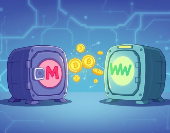 A cartoon illustrating a major Worldcoin OTC deal between institutional vaults exchanging digital assets.