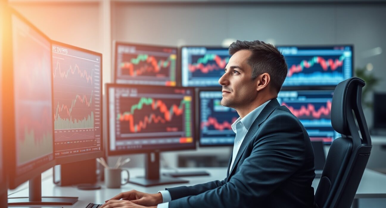 Professional man in office looking at cryptocurrency trading screens, representing Multicoin Capital fund management.