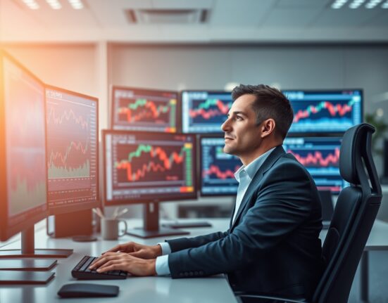 Professional man in office looking at cryptocurrency trading screens, representing Multicoin Capital fund management.