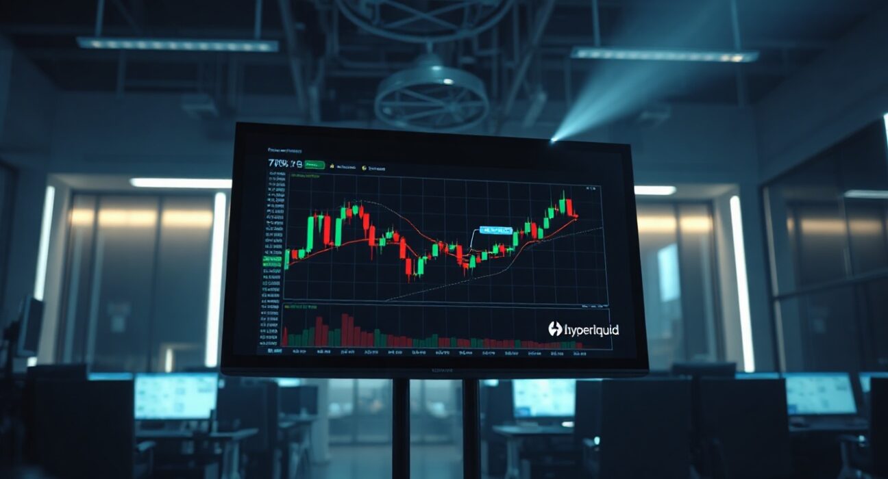Cryptocurrency trading chart on a screen in a newsroom setting, representing Hyperliquid market analysis.