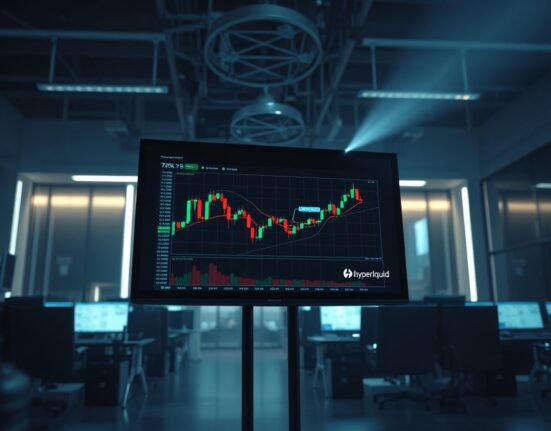Cryptocurrency trading chart on a screen in a newsroom setting, representing Hyperliquid market analysis.