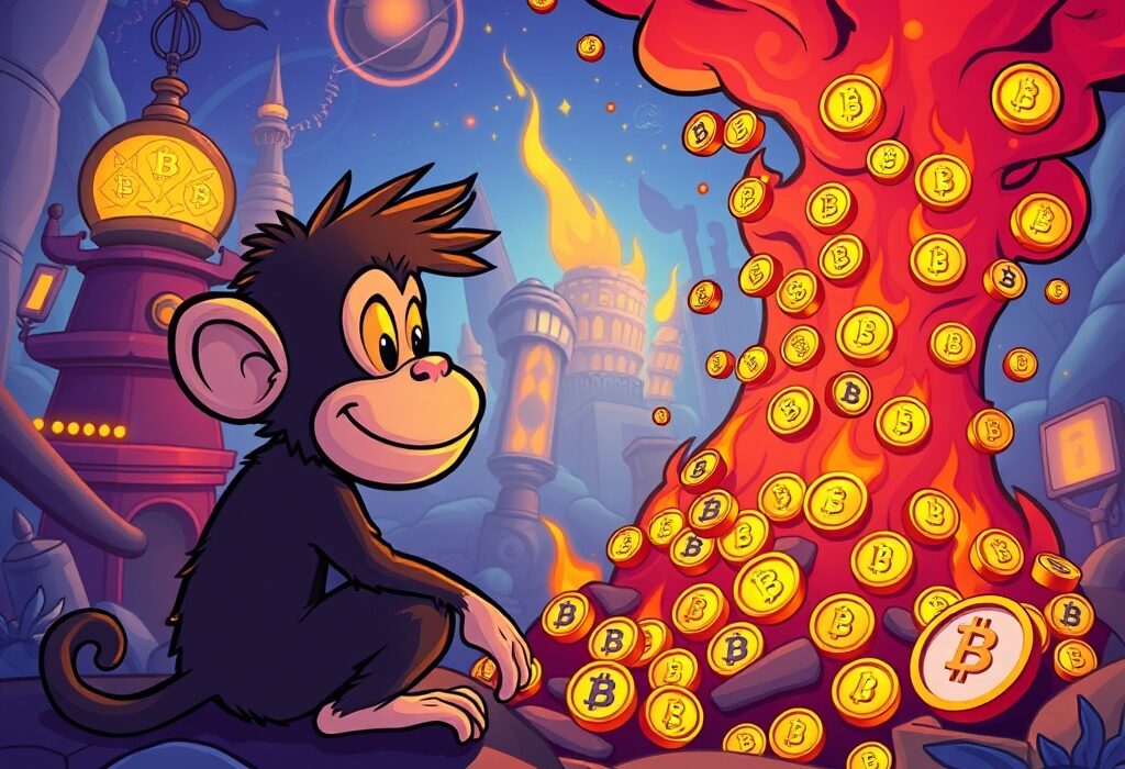 A cartoon monkey character overseeing a massive Multiverse Monkey MMON token burn in a vibrant GameFi world.