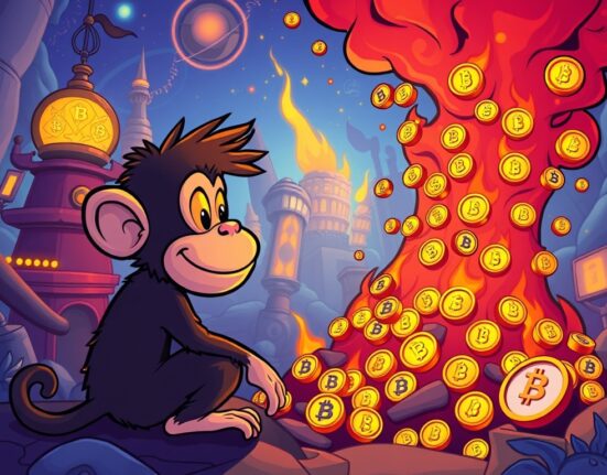 A cartoon monkey character overseeing a massive Multiverse Monkey MMON token burn in a vibrant GameFi world.