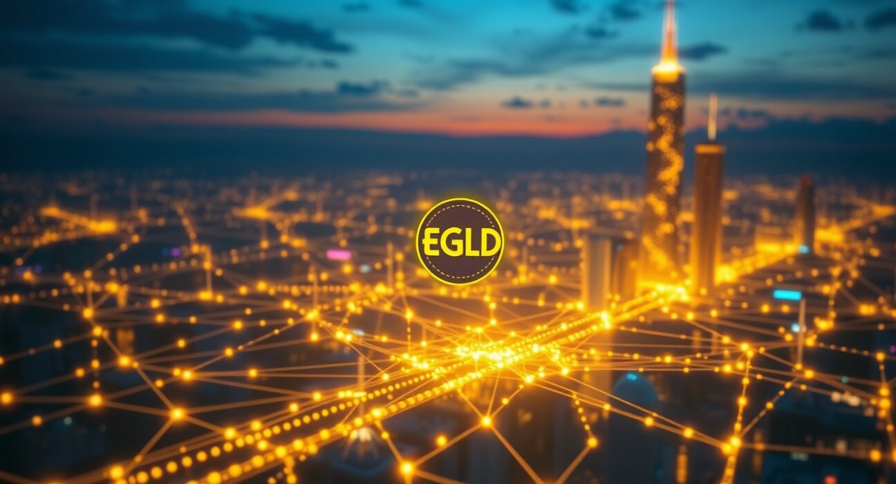 Futuristic digital cityscape representing MultiversX blockchain network with glowing nodes and data streams