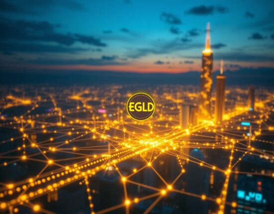 Futuristic digital cityscape representing MultiversX blockchain network with glowing nodes and data streams