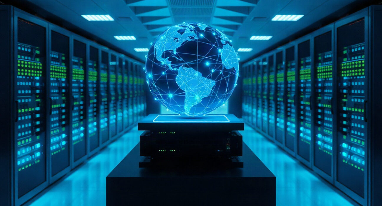 MultiversX Supernova upgrade visualization with server racks and holographic network globe