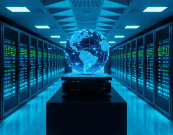 MultiversX Supernova upgrade visualization with server racks and holographic network globe