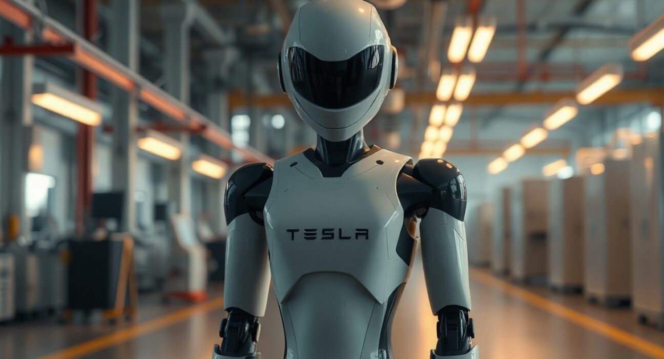 Tesla Optimus humanoid robot standing in a factory, representing Musk's focus on AI and robotics.