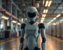 Tesla Optimus humanoid robot standing in a factory, representing Musk's focus on AI and robotics.