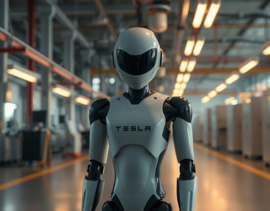 Tesla Optimus humanoid robot standing in a factory, representing Musk's focus on AI and robotics.