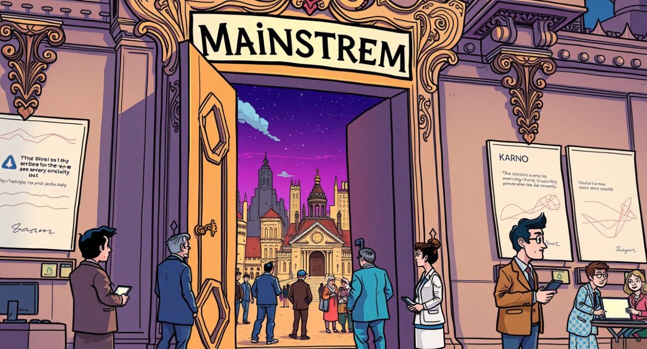 Cartoon illustration of a subdued crypto market response to mainstream adoption through an open door.