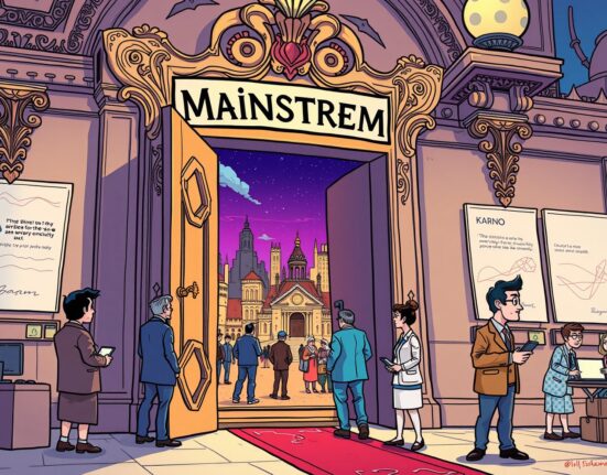 Cartoon illustration of a subdued crypto market response to mainstream adoption through an open door.