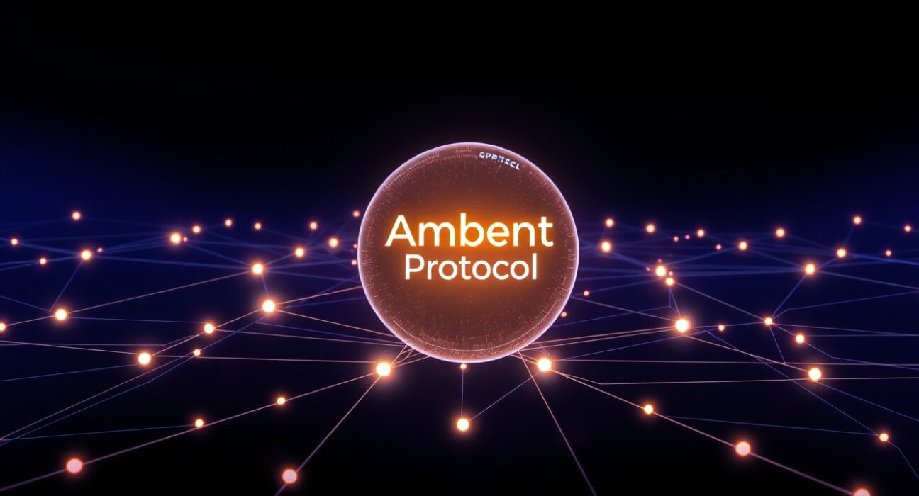 Futuristic blockchain network visualization representing Ambient Protocol