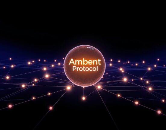 Futuristic blockchain network visualization representing Ambient Protocol
