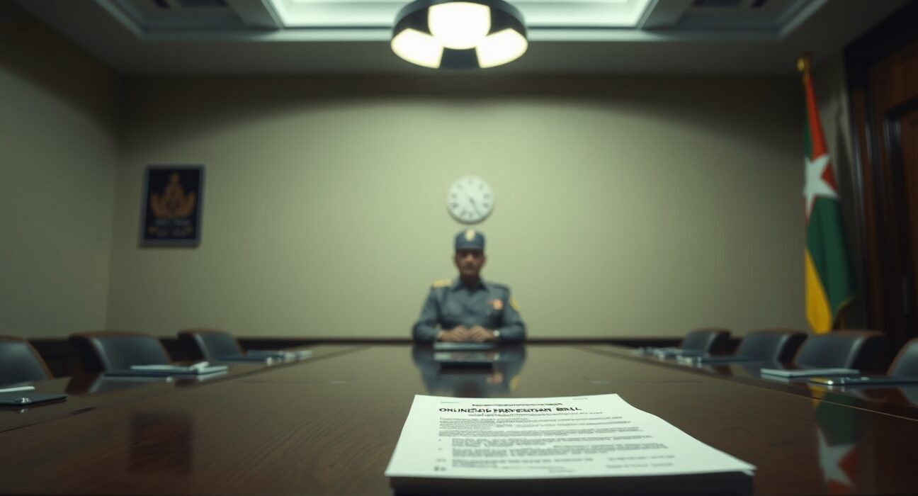 Myanmar Online Fraud Prevention Bill document on a government meeting table with military uniform in background