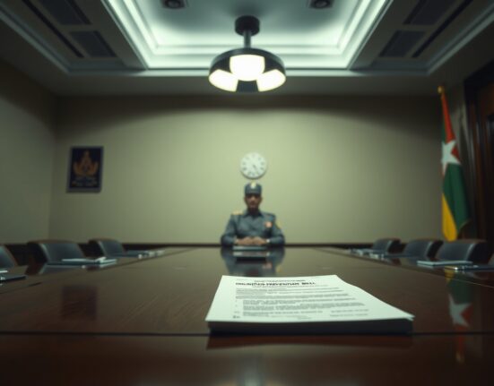 Myanmar Online Fraud Prevention Bill document on a government meeting table with military uniform in background