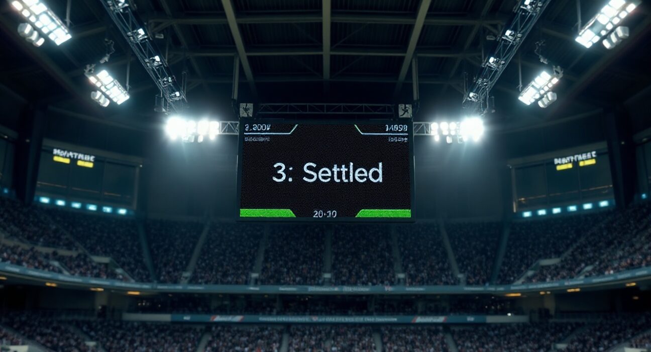 Stadium scoreboard showing a soccer match with 'Settled' notification for automated prediction market resolution