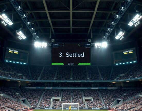 Stadium scoreboard showing a soccer match with 'Settled' notification for automated prediction market resolution