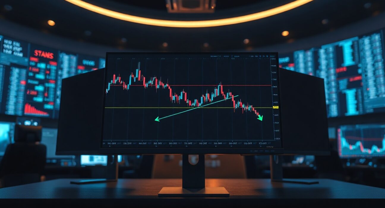 Trading desk monitors showing Ethereum price charts with rebound indicator