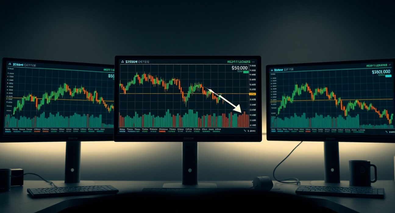 Trading desk monitors showing Bitcoin price chart with predicted drop to $55,000 and rally to $80,000.