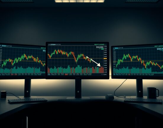 Trading desk monitors showing Bitcoin price chart with predicted drop to $55,000 and rally to $80,000.