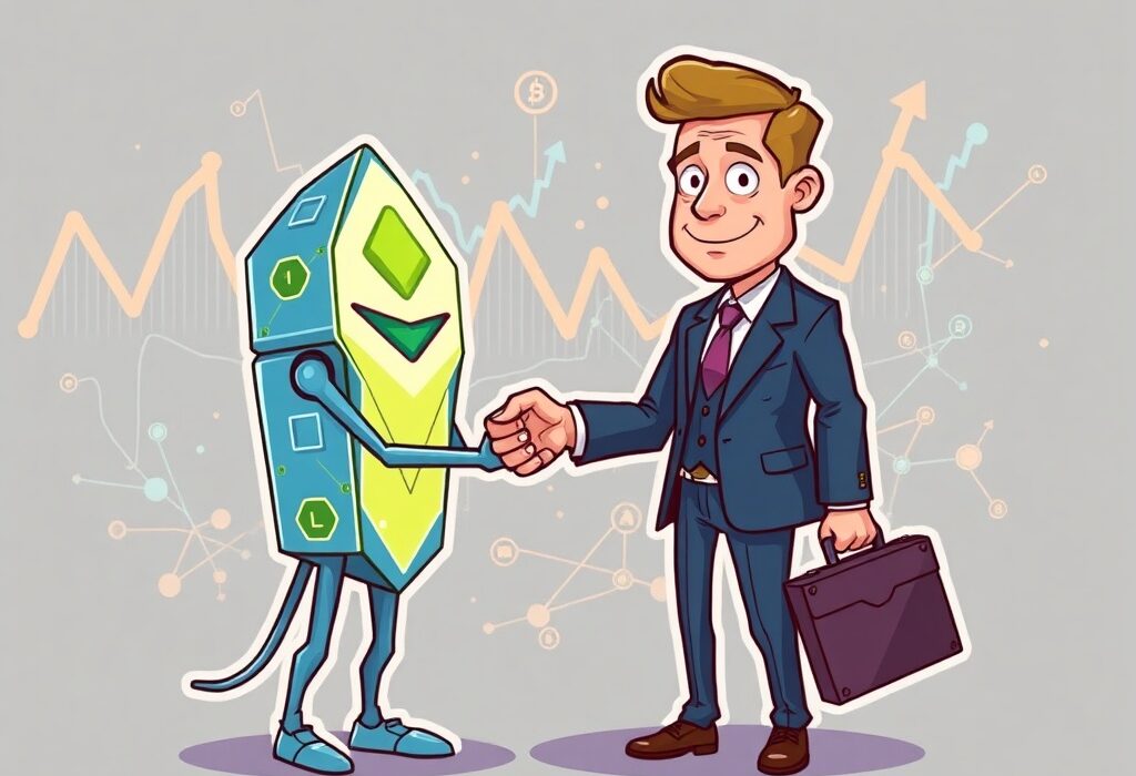 A cartoon illustration symbolizing a strategic Mysten Labs hire, connecting traditional finance with blockchain innovation for Sui institutional investment.