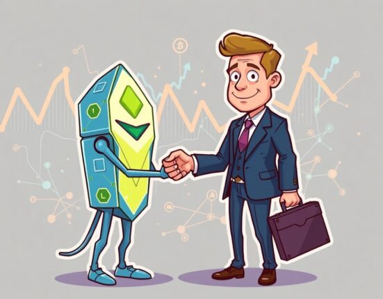 A cartoon illustration symbolizing a strategic Mysten Labs hire, connecting traditional finance with blockchain innovation for Sui institutional investment.