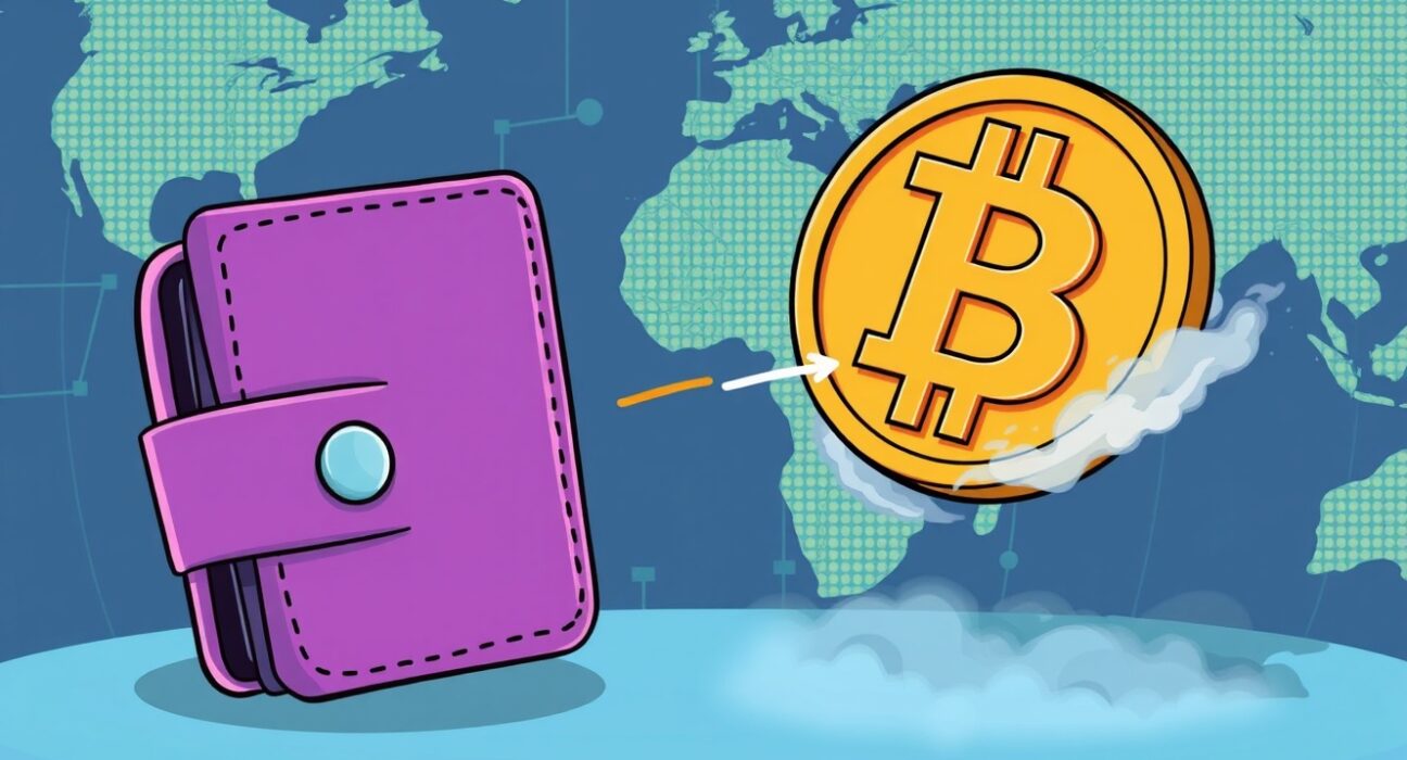Cartoon illustration showing a significant Bitcoin transfer from a Coinbase-like wallet to a mysterious unknown wallet, highlighting large crypto movements.