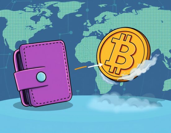 Cartoon illustration showing a significant Bitcoin transfer from a Coinbase-like wallet to a mysterious unknown wallet, highlighting large crypto movements.