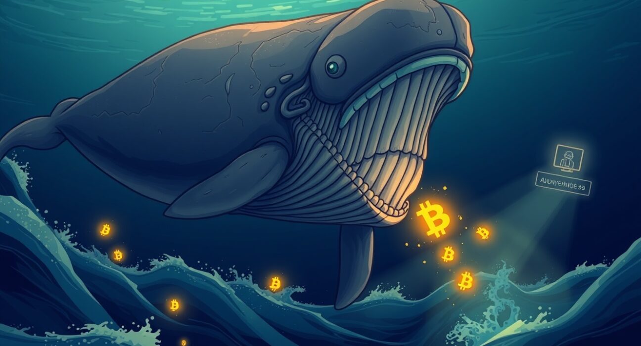 A cartoon illustration of a large, shadowy Bitcoin whale transferring coins, representing a significant Bitcoin whale movement after 12 years of dormancy.