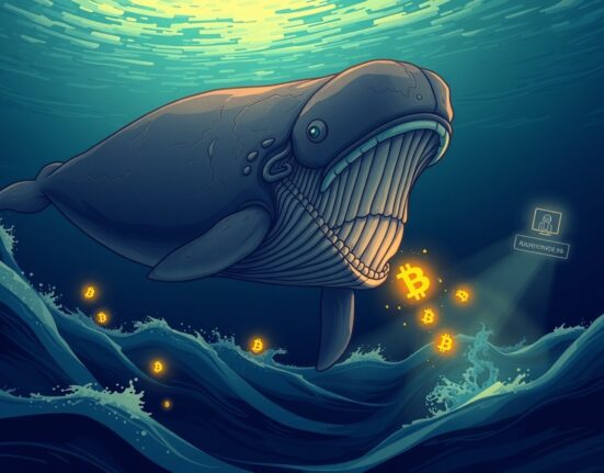 A cartoon illustration of a large, shadowy Bitcoin whale transferring coins, representing a significant Bitcoin whale movement after 12 years of dormancy.