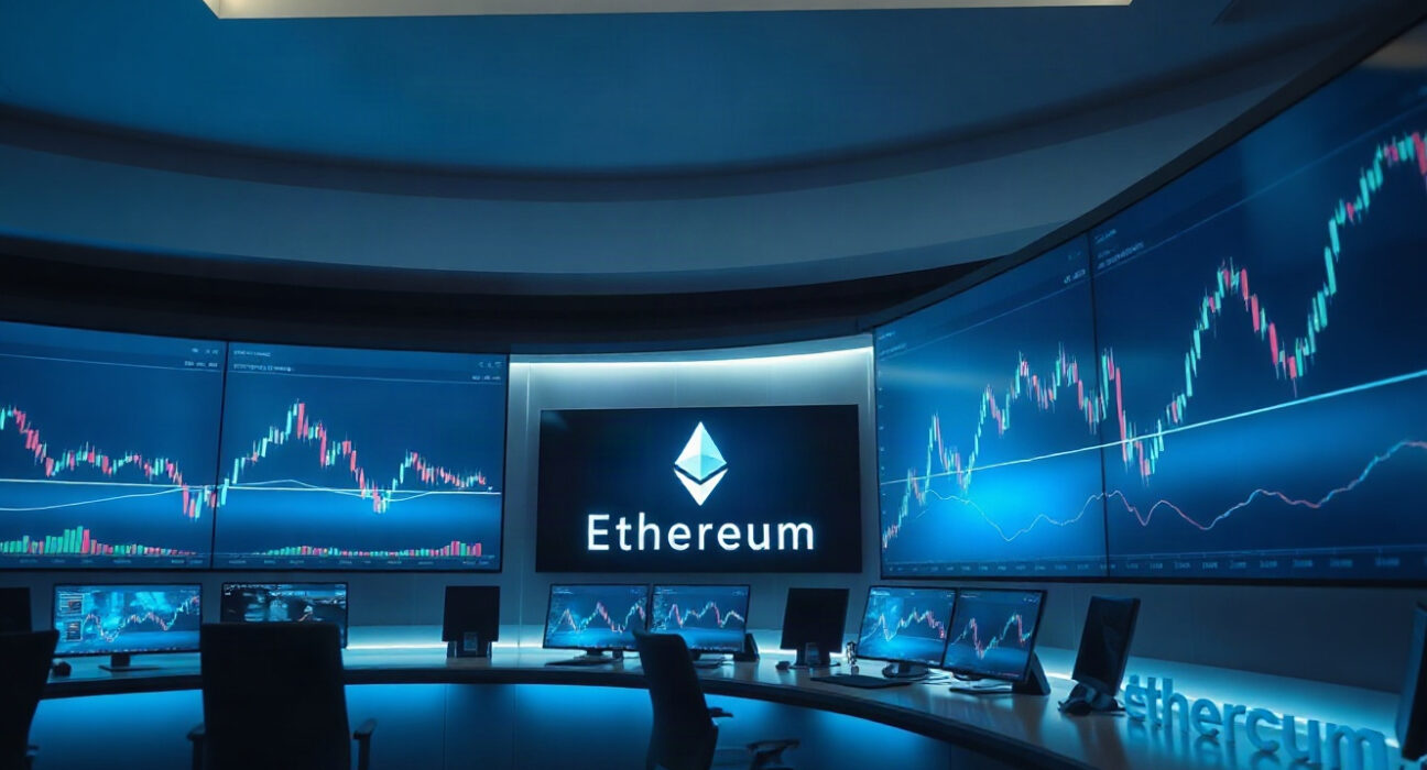 Ethereum price charts on trading monitors in a modern financial office