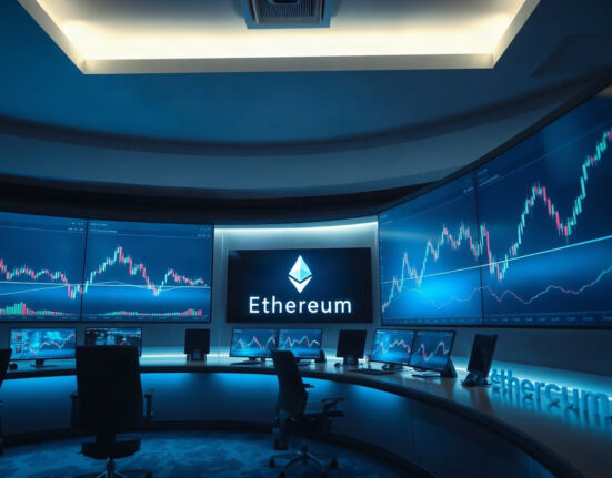 Ethereum price charts on trading monitors in a modern financial office