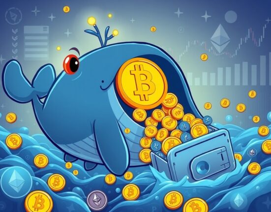 A cartoon crypto whale accumulating vast amounts of Bitcoin and Ethereum, symbolizing significant market movements.