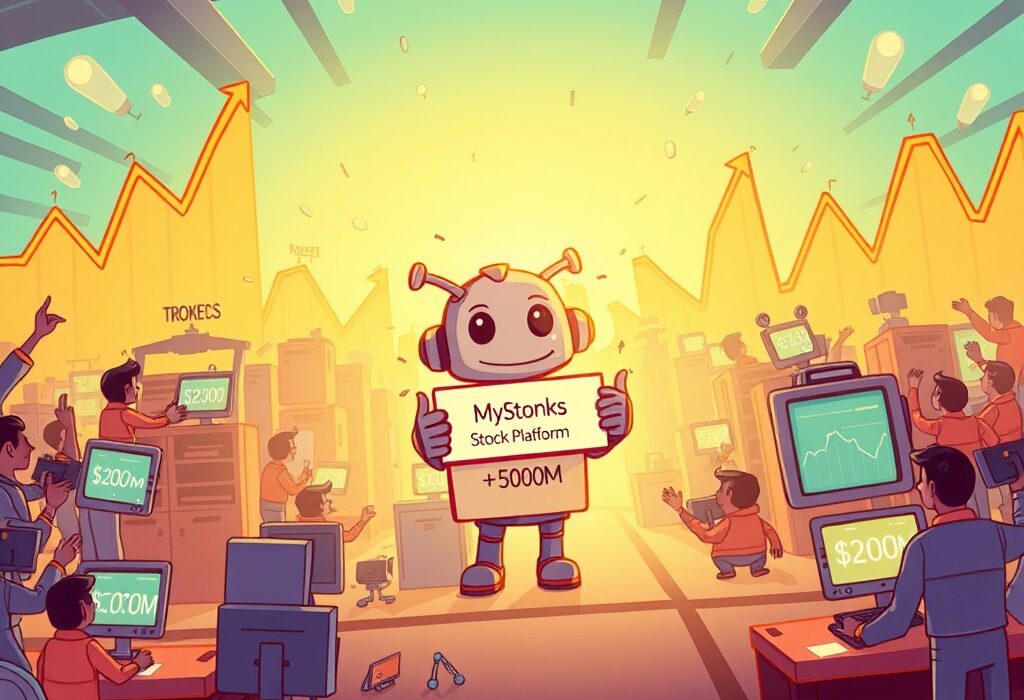 A cartoon illustration showing the rapid growth of a tokenized stock platform, celebrating its $200M trading volume milestone.