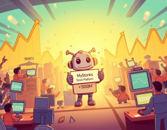 A cartoon illustration showing the rapid growth of a tokenized stock platform, celebrating its $200M trading volume milestone.