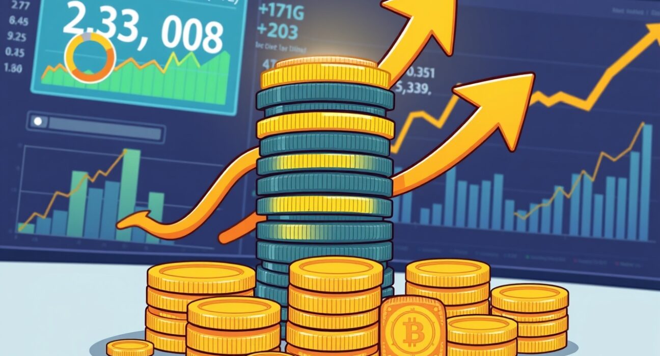 Cartoon illustration depicting rapid Mytosis TVL growth, showing a surge in digital assets and financial expansion.