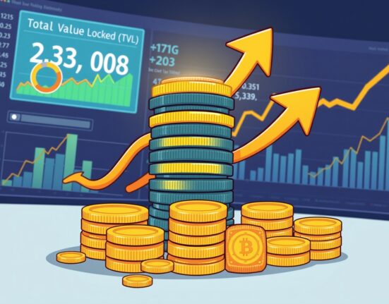 Cartoon illustration depicting rapid Mytosis TVL growth, showing a surge in digital assets and financial expansion.
