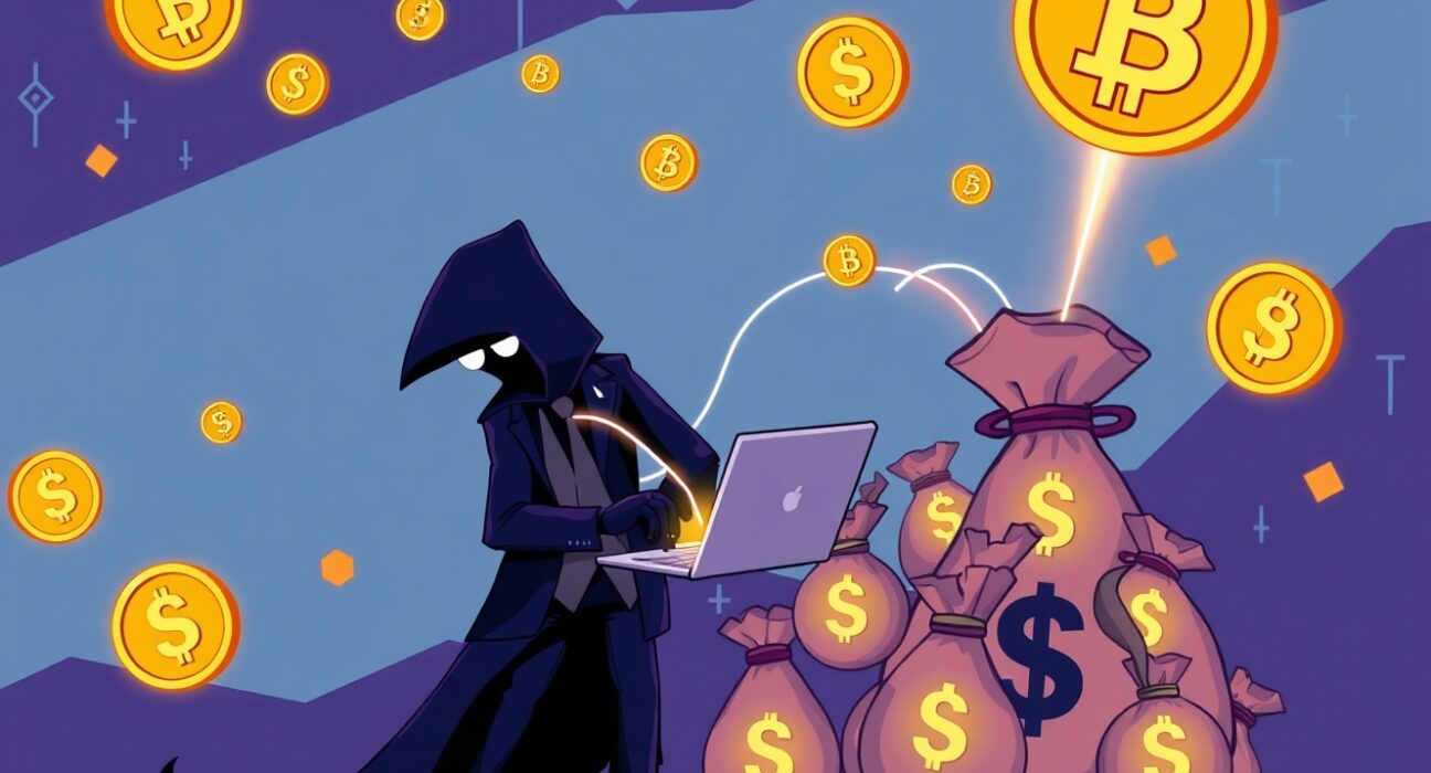 Cartoon illustration of a figure secretly linking wallets, representing the MYX insider trading allegations in a crypto airdrop.