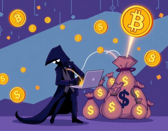 Cartoon illustration of a figure secretly linking wallets, representing the MYX insider trading allegations in a crypto airdrop.