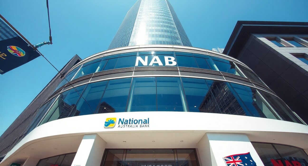 Exterior view of a National Australia Bank branch building in a central business district.