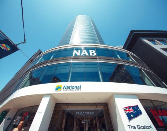 Exterior view of a National Australia Bank branch building in a central business district.