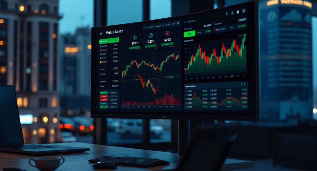 Nado DEX trading interface showing integrated margin system with SPYx and QQQx tokens on a monitor in a professional trading office.