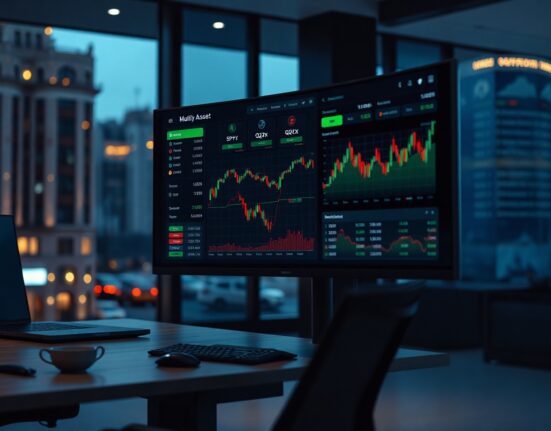 Nado DEX trading interface showing integrated margin system with SPYx and QQQx tokens on a monitor in a professional trading office.