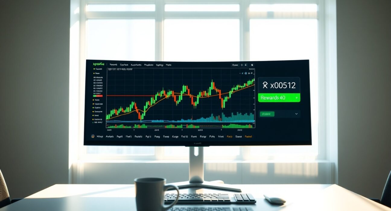 Digital interface showing xPoint rewards and xStocks trading charts on a monitor in a modern office